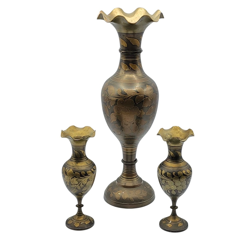 Vintage 3pc Brass Indian‎ Bud Vase Set Ruffled Rim Flower & Leaves Etched 16" 8"